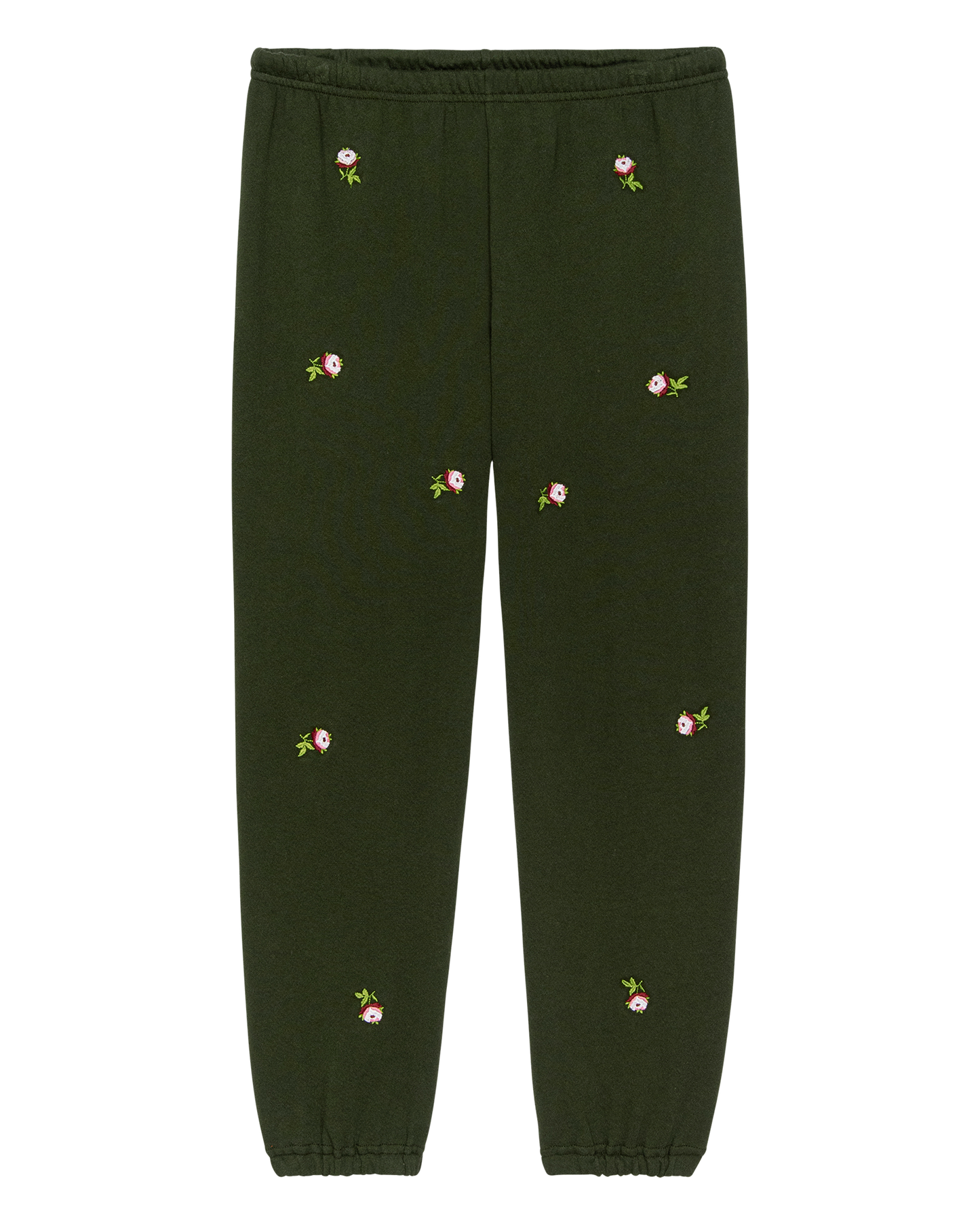The Stadium Sweatpant. Embroidered -- Woodland Green With Embroidered Roses