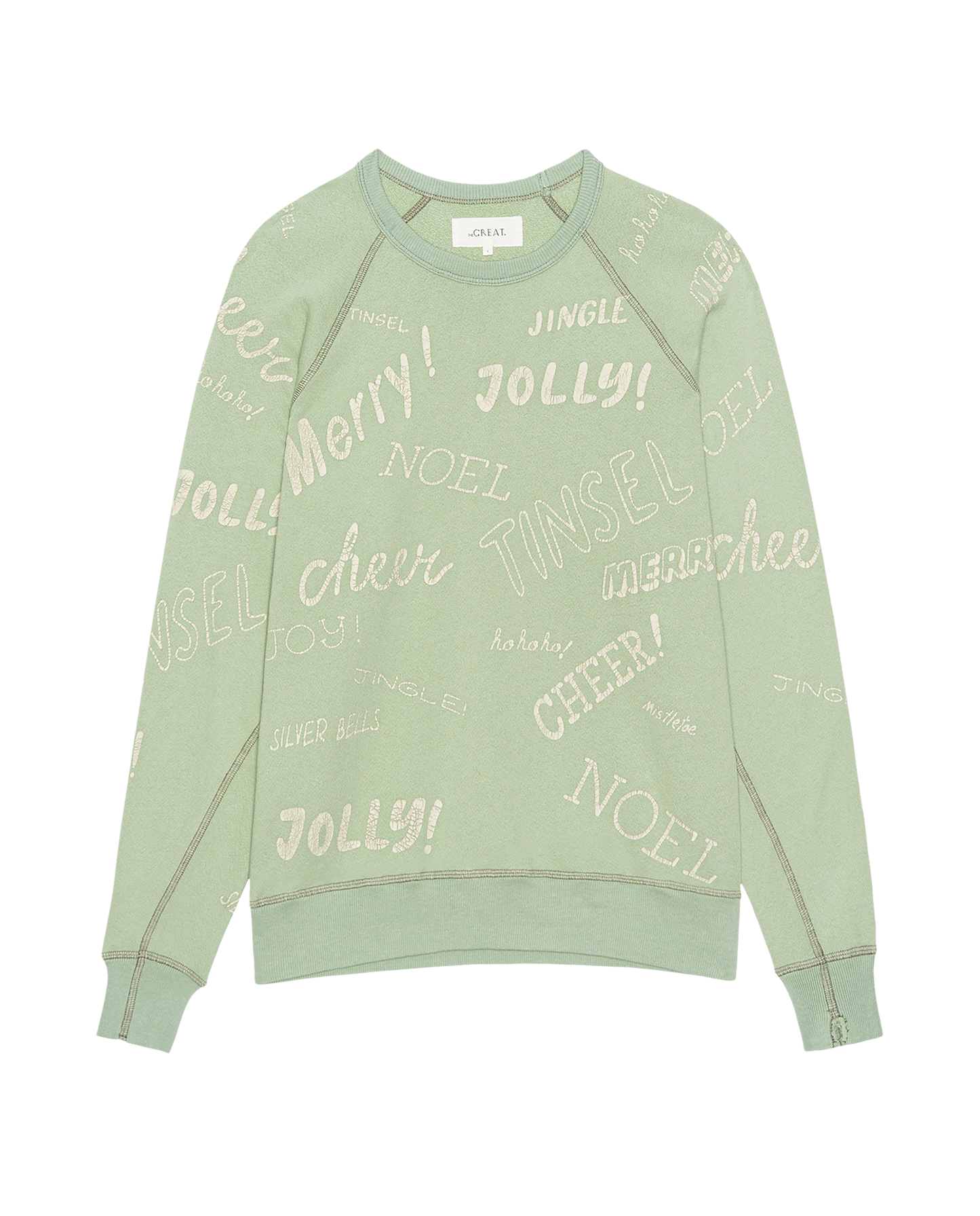 The Men's College Sweatshirt. Graphic -- Vintage Mint with Holiday Greetings Graphic