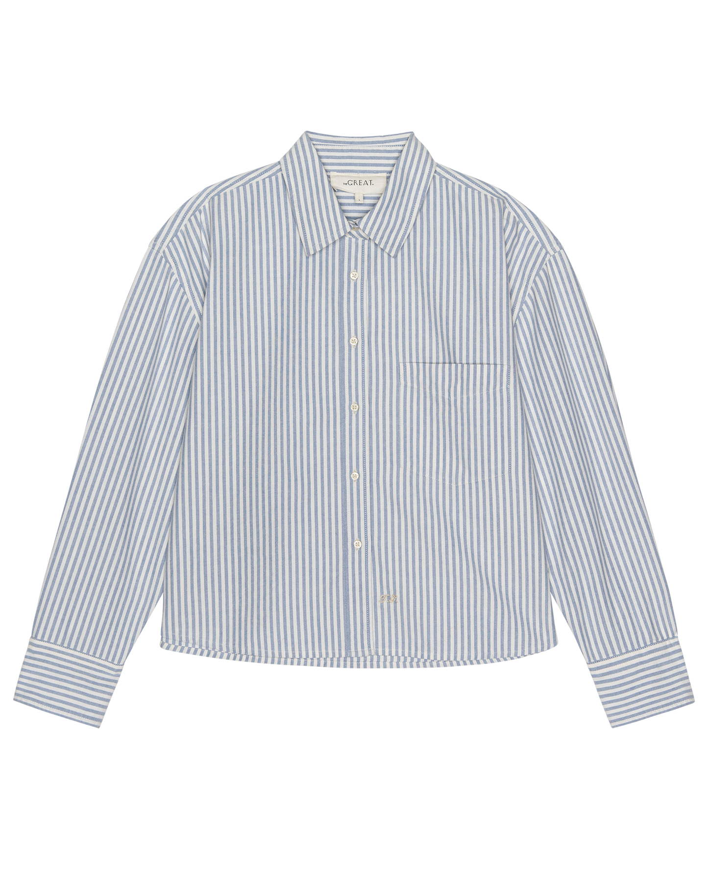 The Cropped Oxford Shirt. -- Soft Blue Stripe