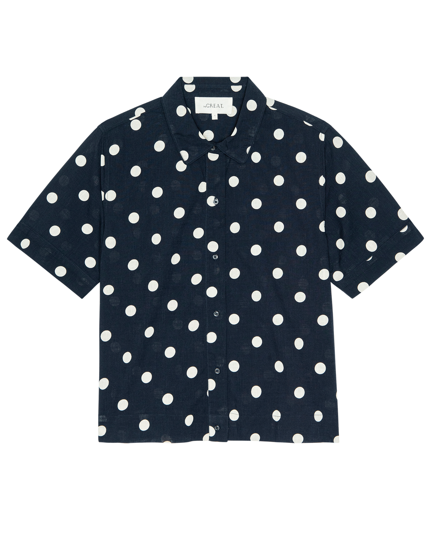 The Messenger Top. -- Navy with Cream Polka Dots
