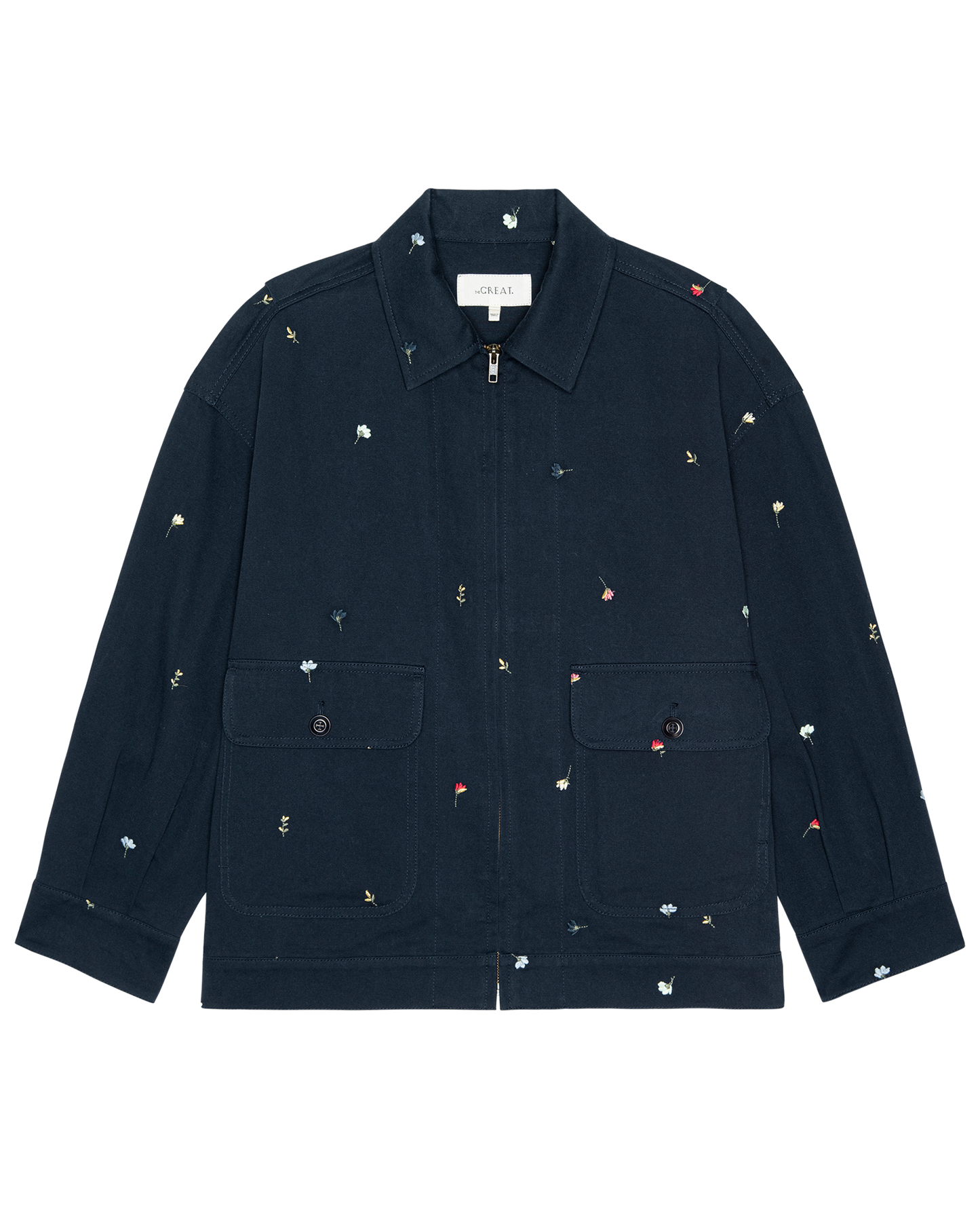 The Folsom Jacket. Embroidered -- Navy with Tossed Floral Embroidery