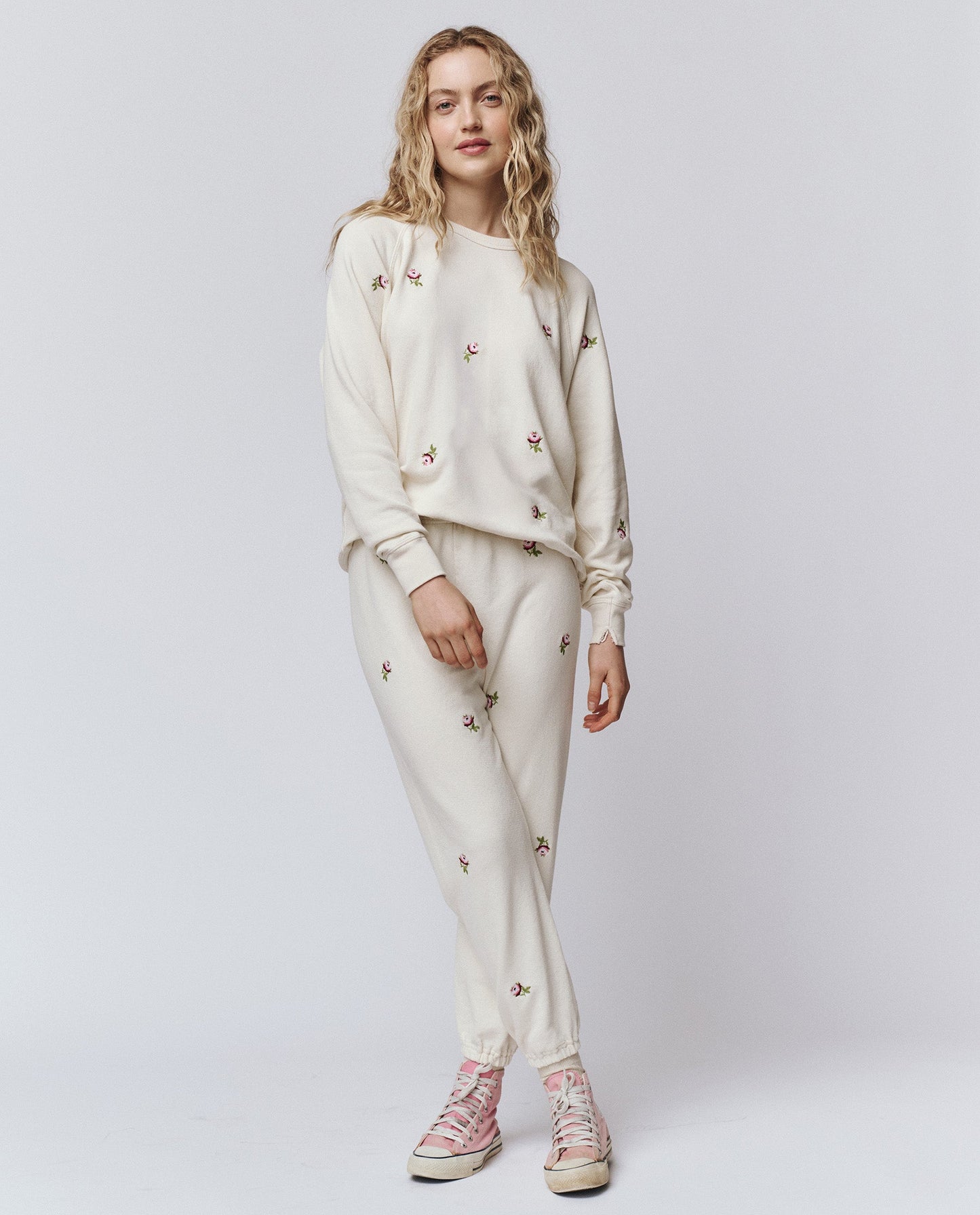 The Stadium Sweatpant. Embroidered -- Washed White With Embroidered Roses