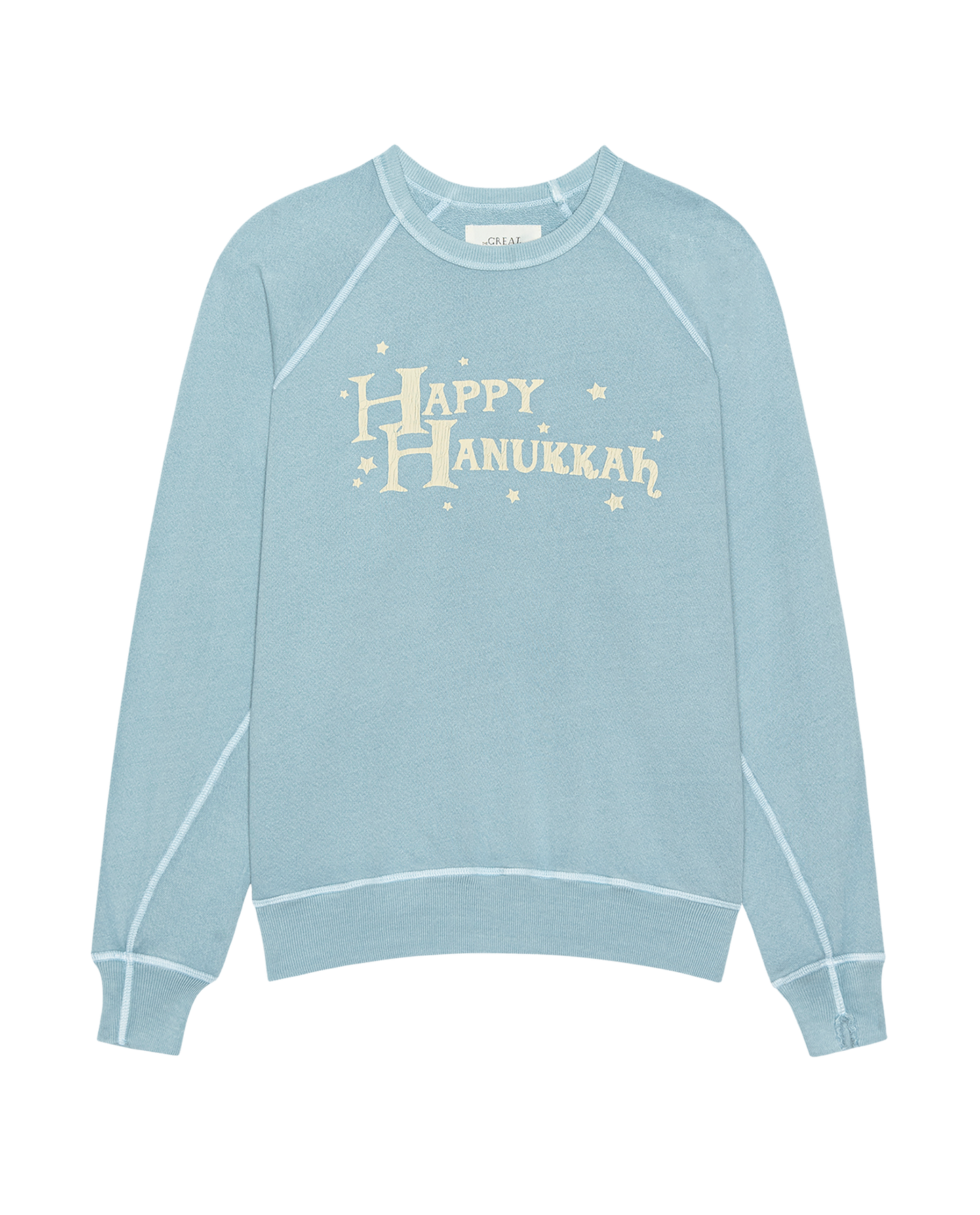 The Men's College Sweatshirt. Graphic -- Confection Blue with Happy Hannukah Graphic