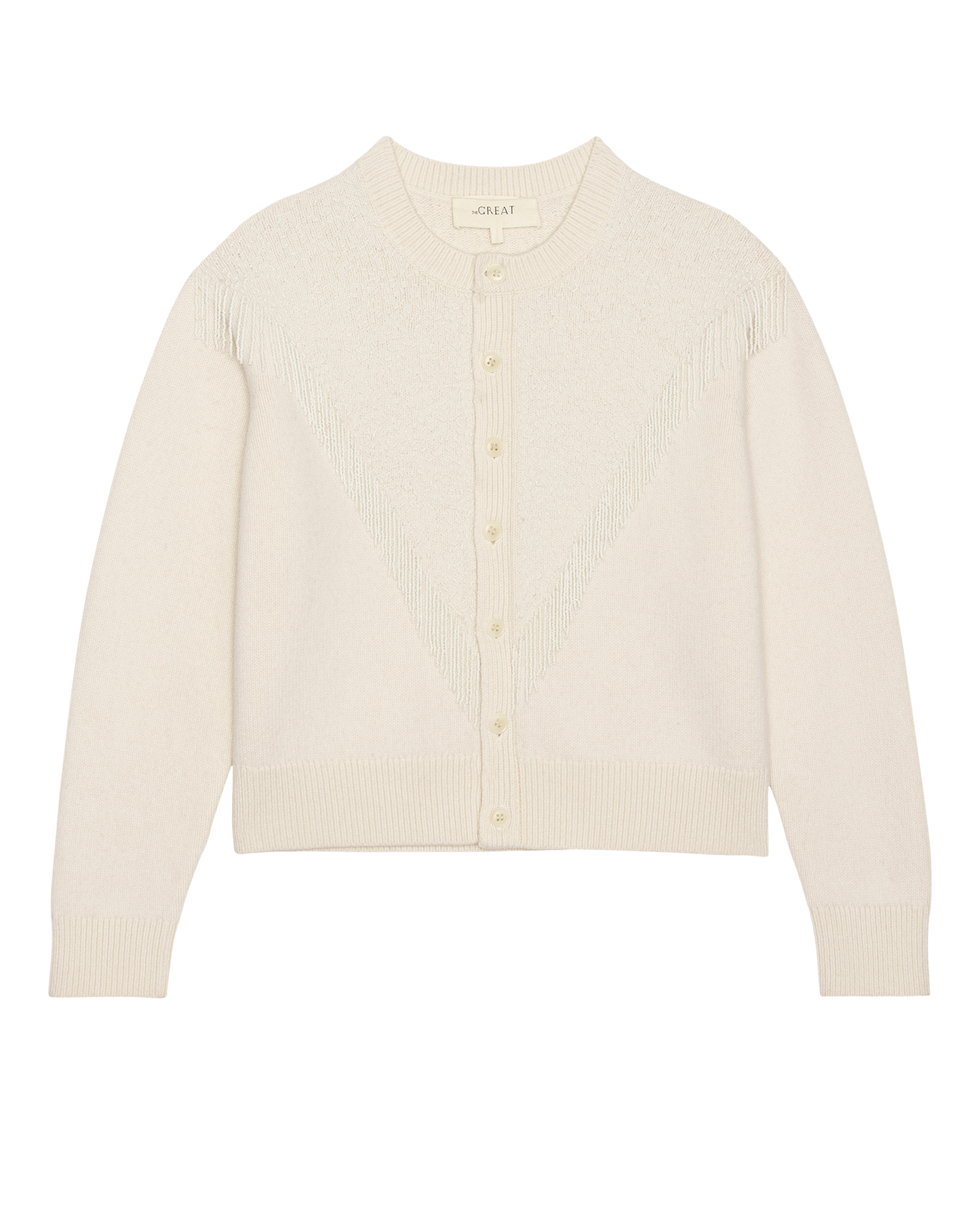 The Beaded Fringe Cardigan. -- Cream