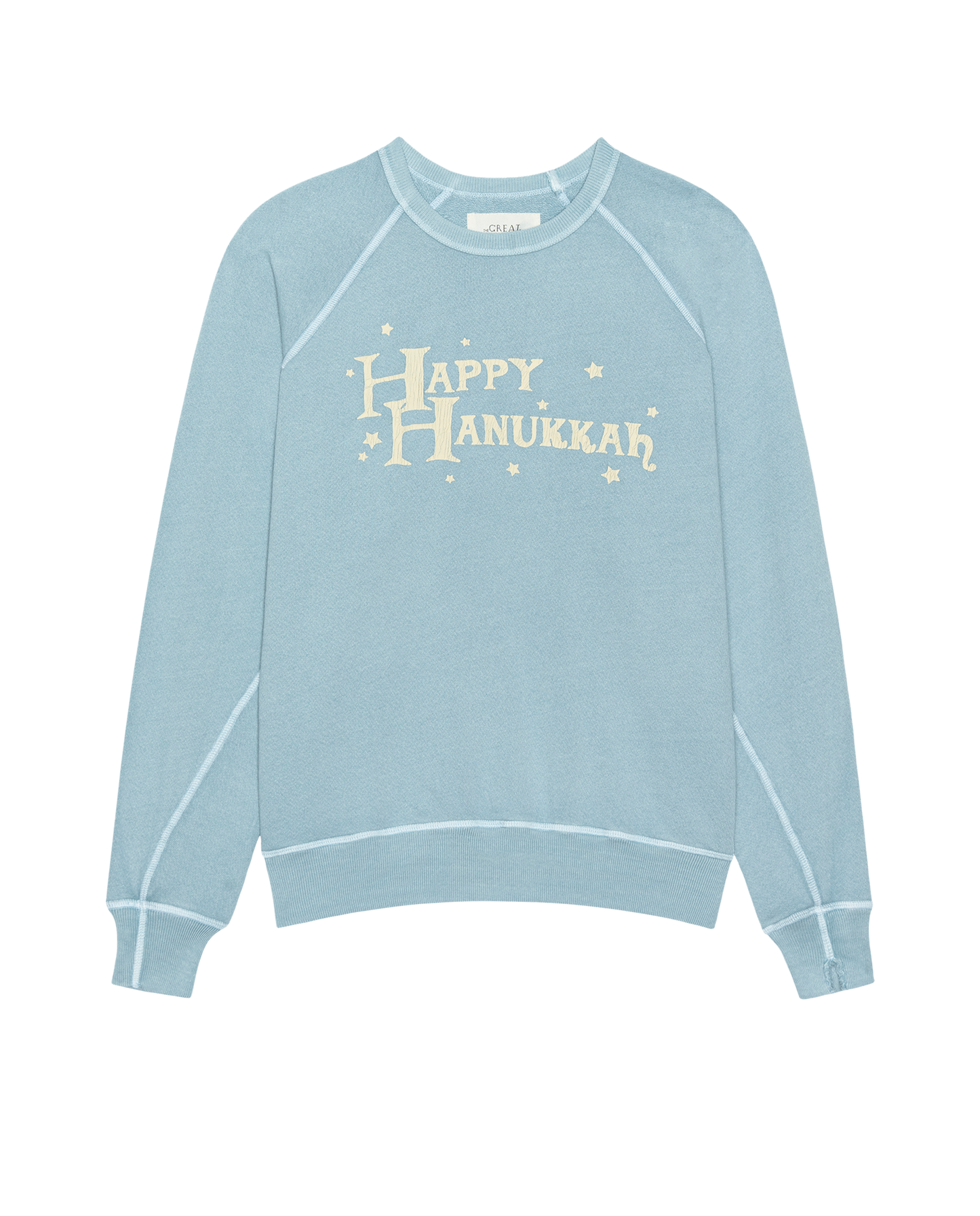 The College Sweatshirt. Graphic -- Confection Blue with Happy Hannukah Graphic
