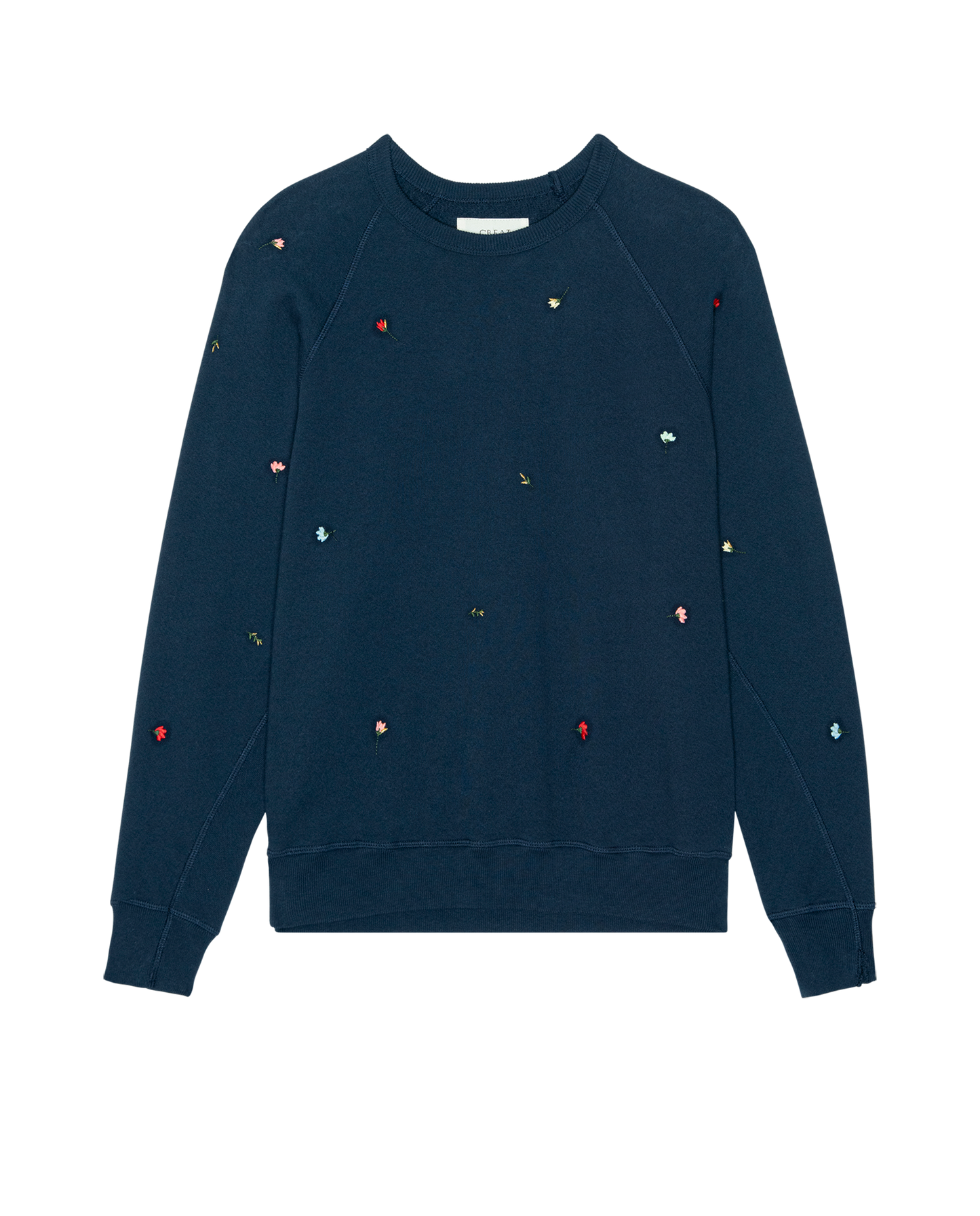 The College Sweatshirt. Embroidered -- Navy with Tossed Floral Embroidery