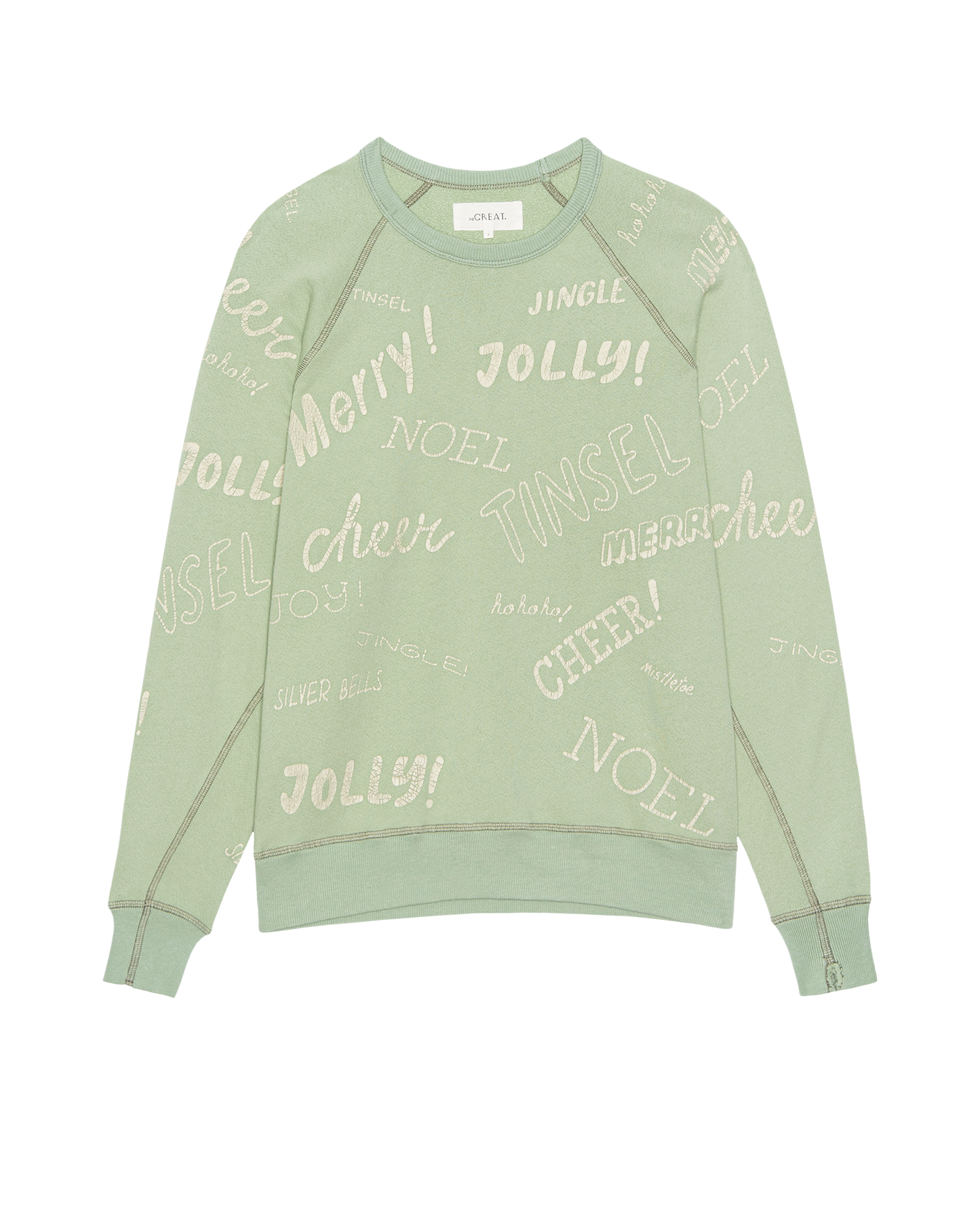 The College Sweatshirt. Graphic -- Vintage Mint with Holiday Greetings Graphic