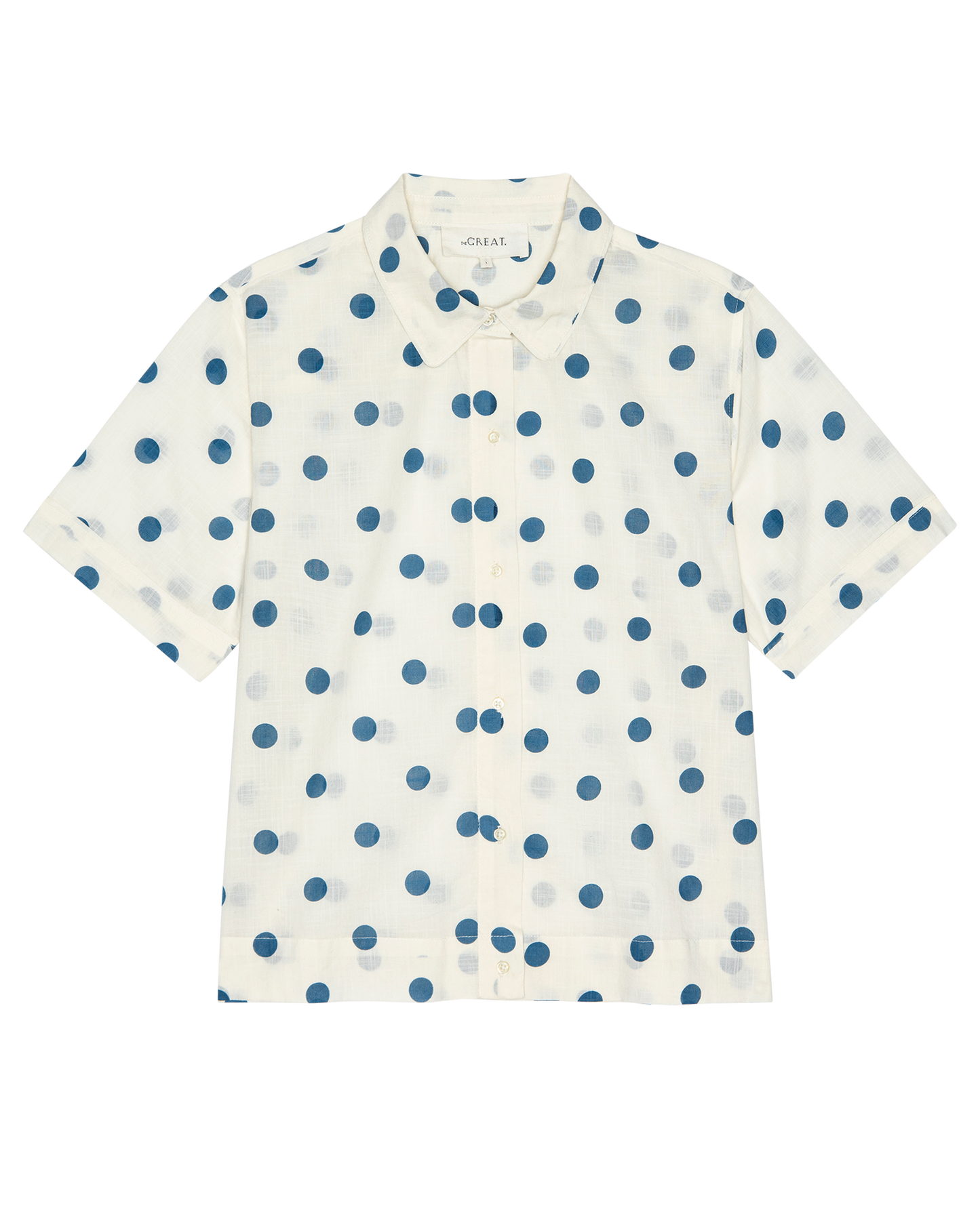 The Messenger Top. -- Cream with Blue Polka Dots