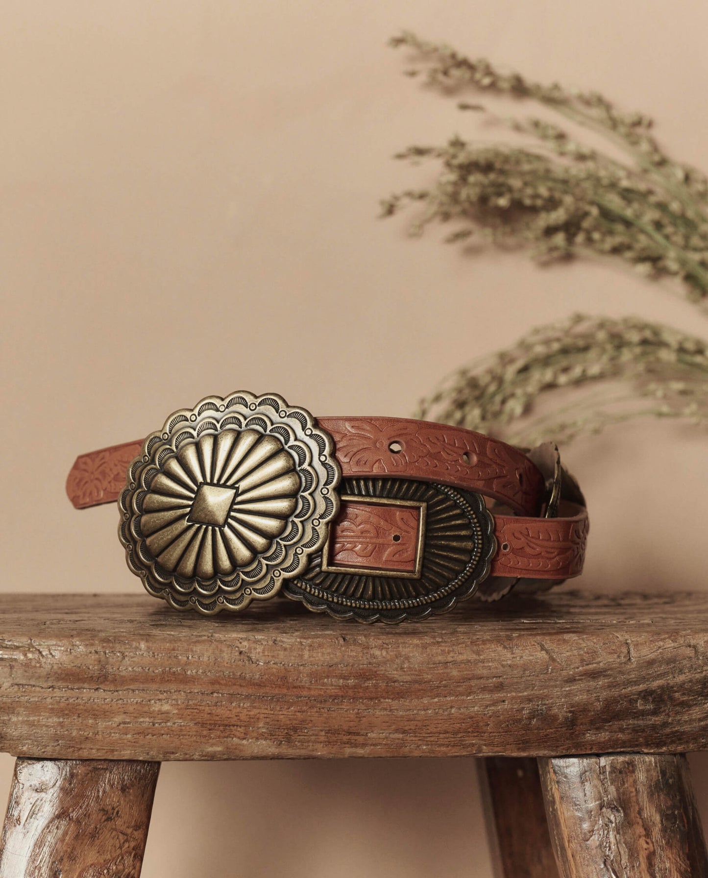 The Tooled Leather Concho Belt. -- Cognac With Brass