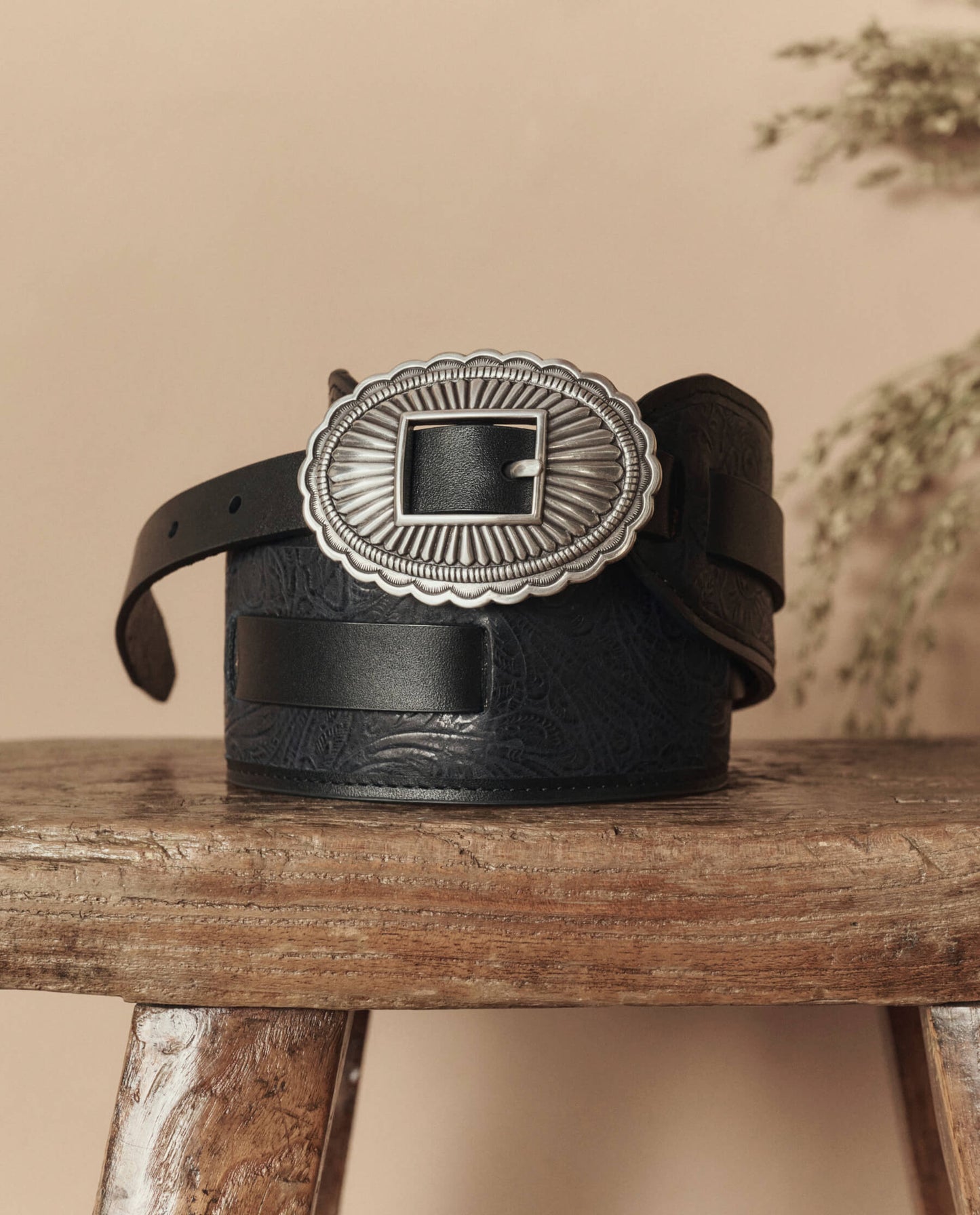 The Tooled Waist Belt. -- Black With Silver