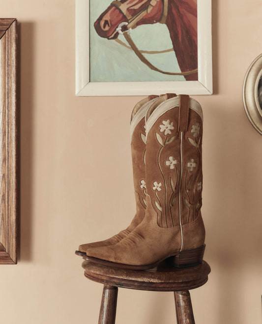 The Cowboy Boot (Suede Floral). -- Tan Floral