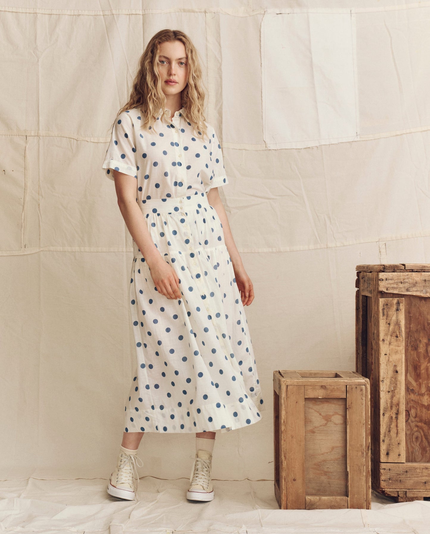 The Messenger Top. -- Cream with Blue Polka Dots