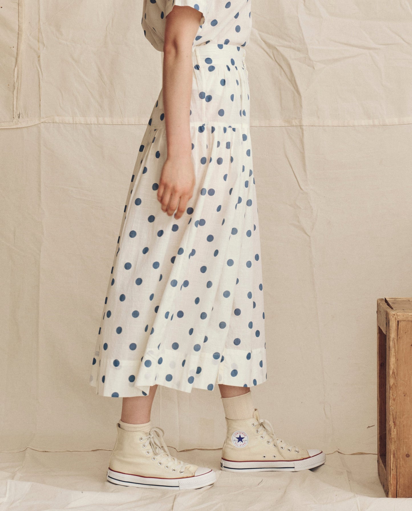 The Highland Skirt. -- Cream with Blue Polka Dots