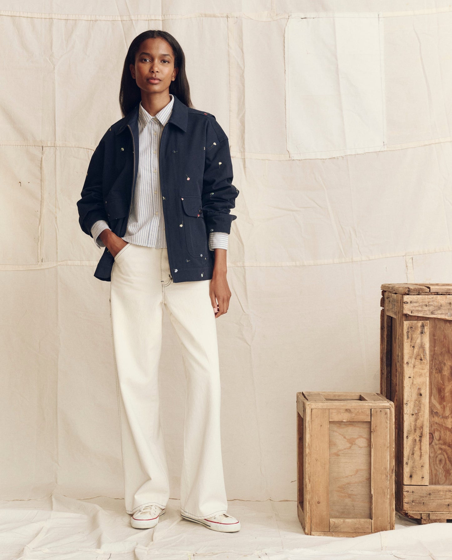 The Folsom Jacket. Embroidered -- Navy with Tossed Floral Embroidery