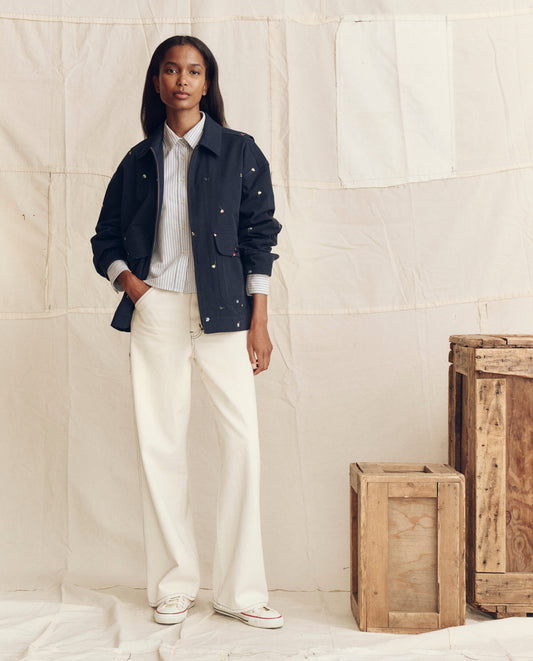The Folsom Jacket. Embroidered -- Navy with Tossed Floral Embroidery
