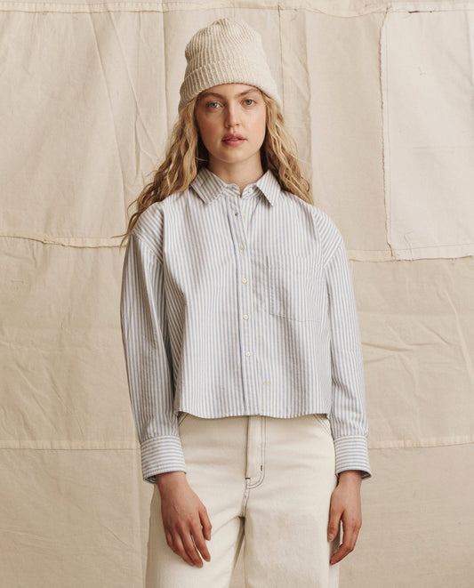 The Cropped Oxford Shirt. -- Soft Blue Stripe