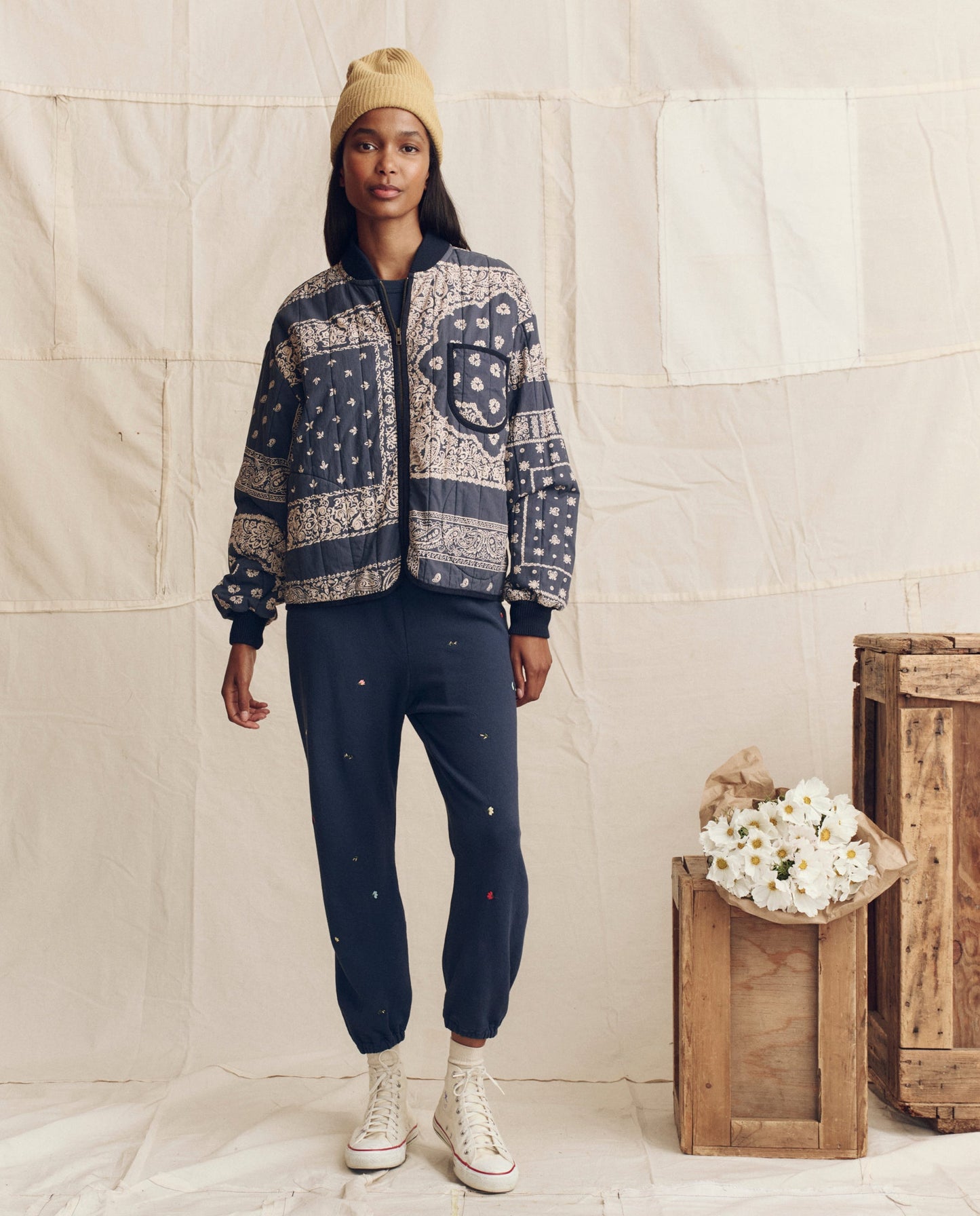 The Stadium Sweatpant. Embroidered -- Navy with Tossed Floral Embroidery