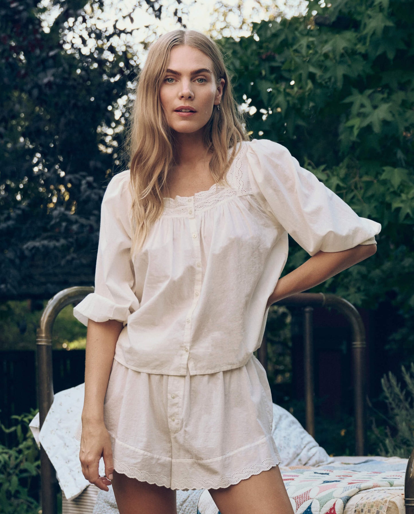 The Eyelet Button Sleep Top. -- True White