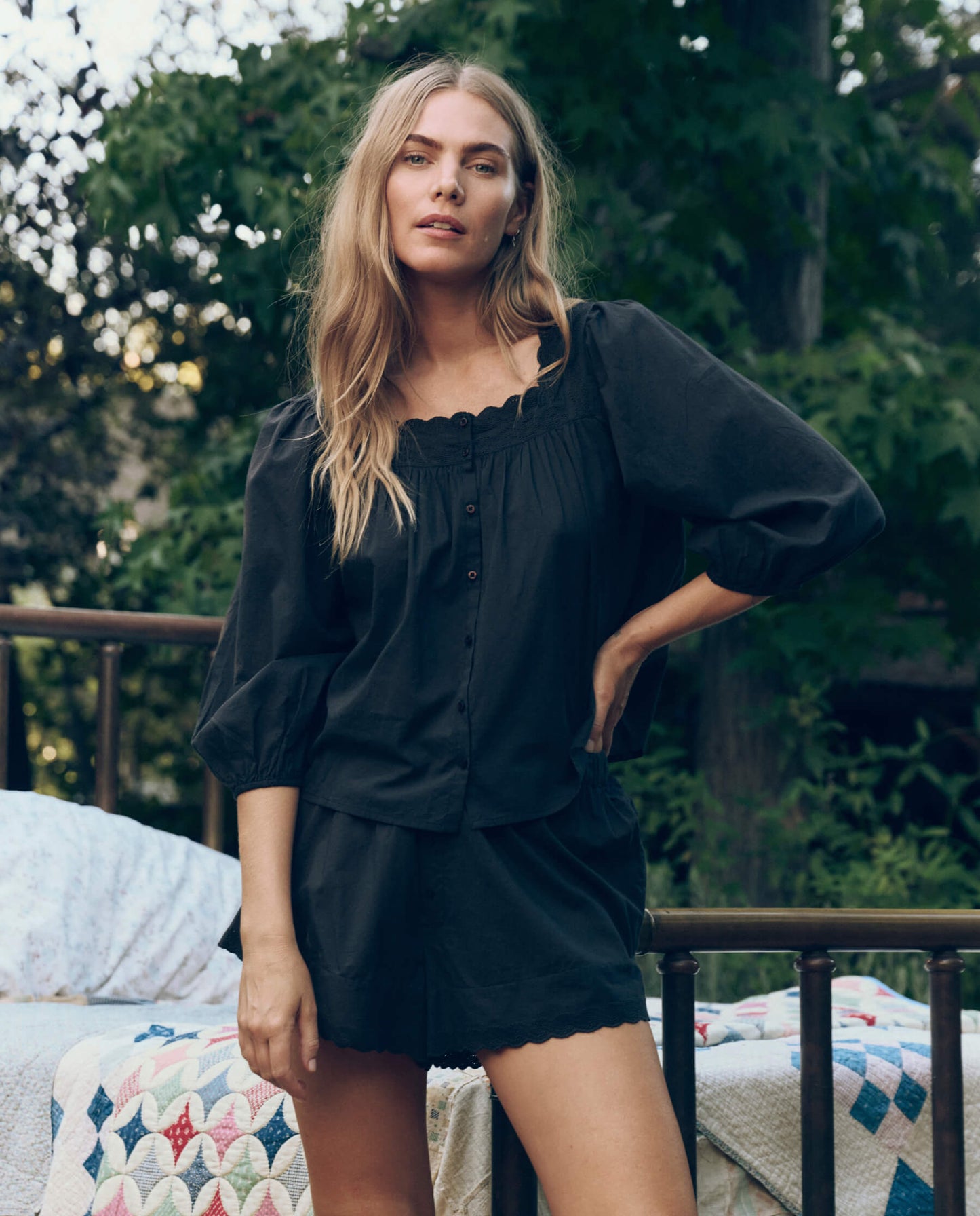 The Eyelet Button Sleep Top. -- Black