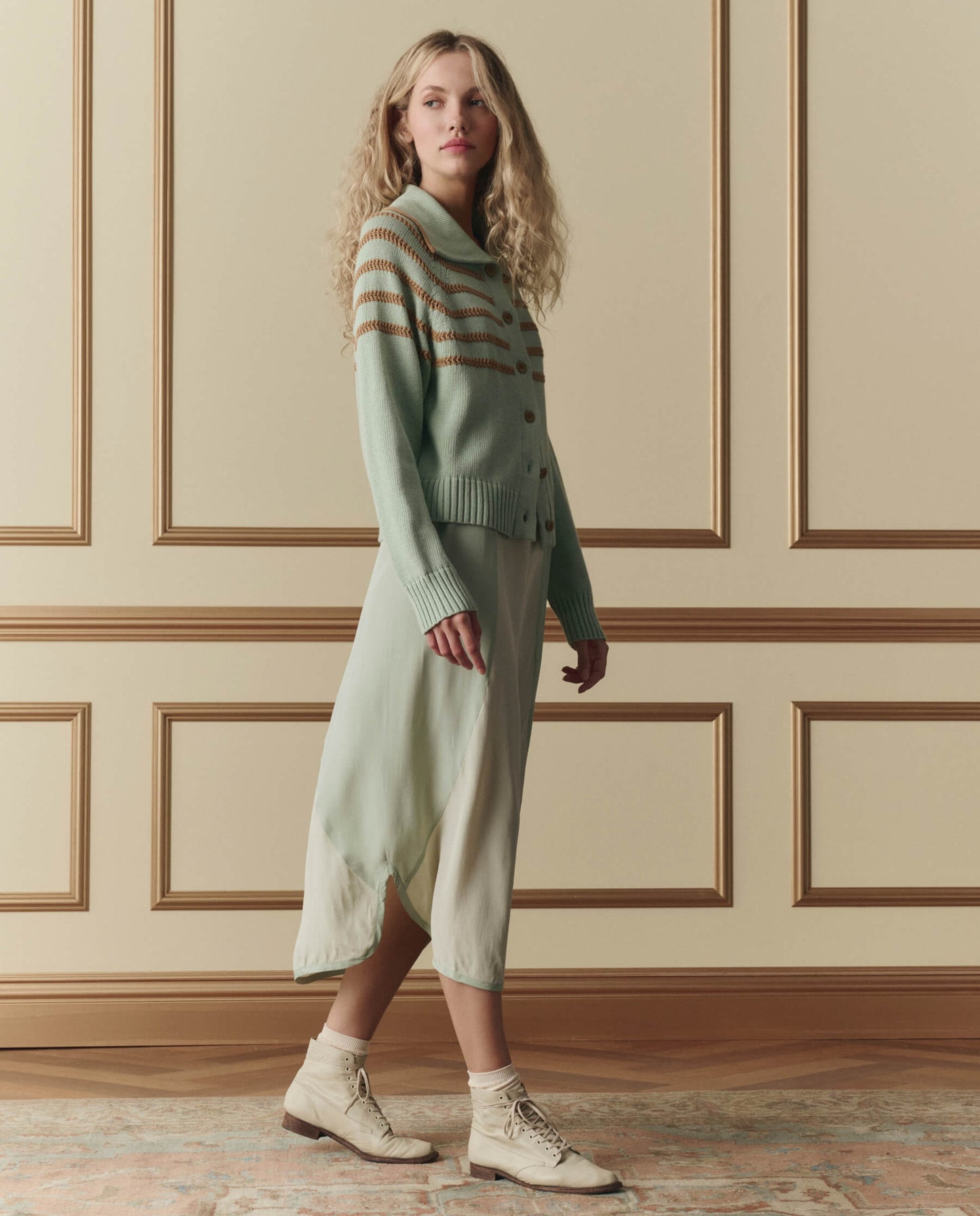 The Scholar Cardigan W/ Crochet Stripes. -- Seafoam