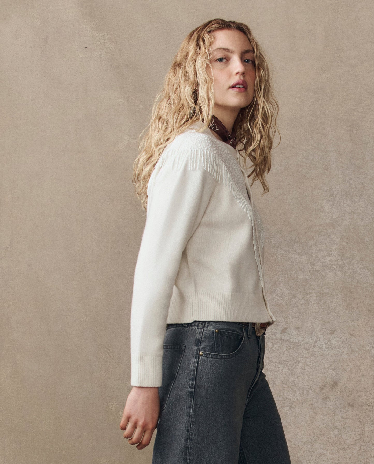 The Beaded Fringe Cardigan. -- Cream