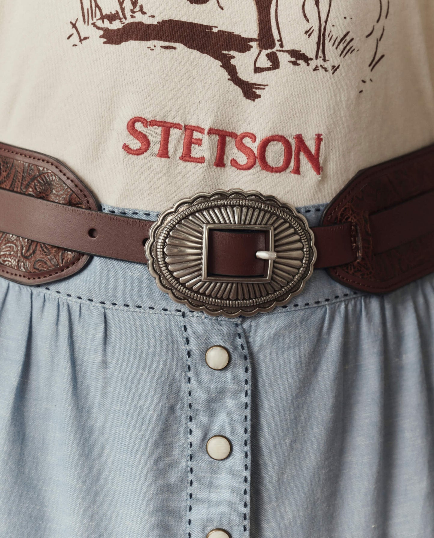 The Tooled Waist Belt. -- Brown With Silver