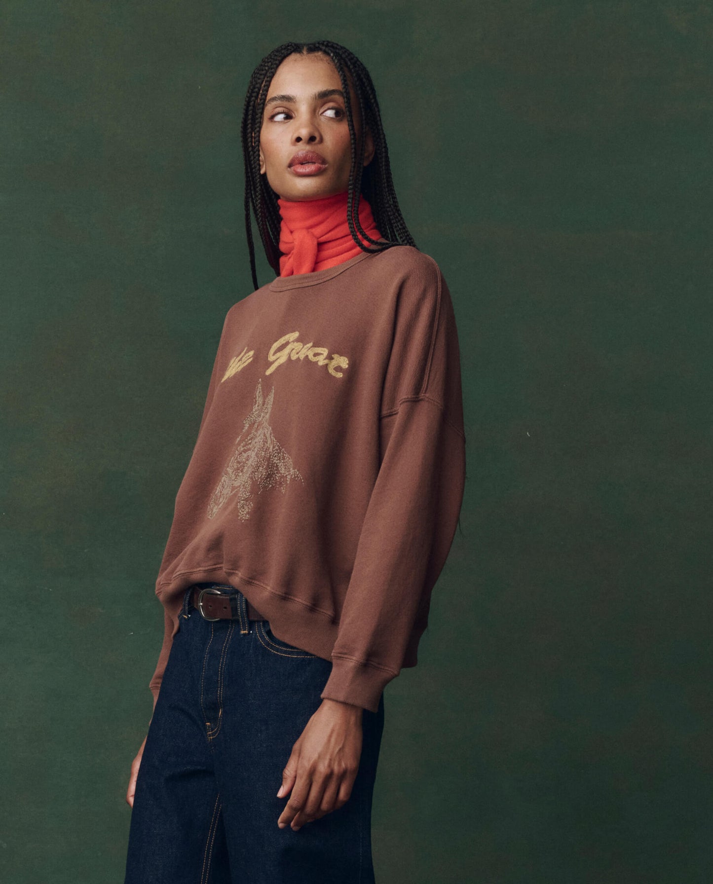 The Teammate Sweatshirt. Embroidered -- Umber with Horse Embroidery