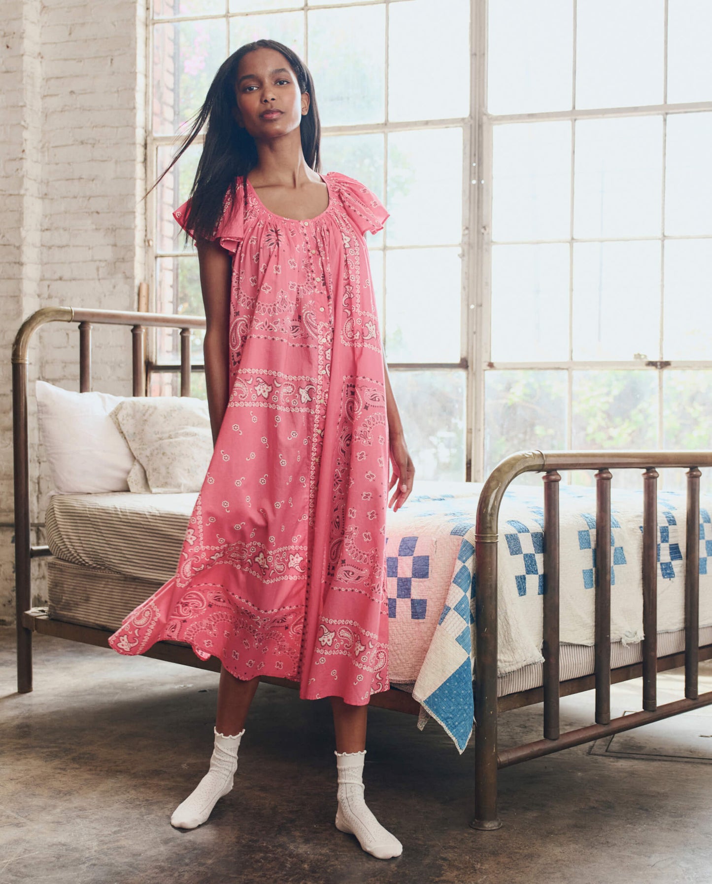 The Flutter Sleeve Sleep Dress. -- Pink Bandana Patchwork