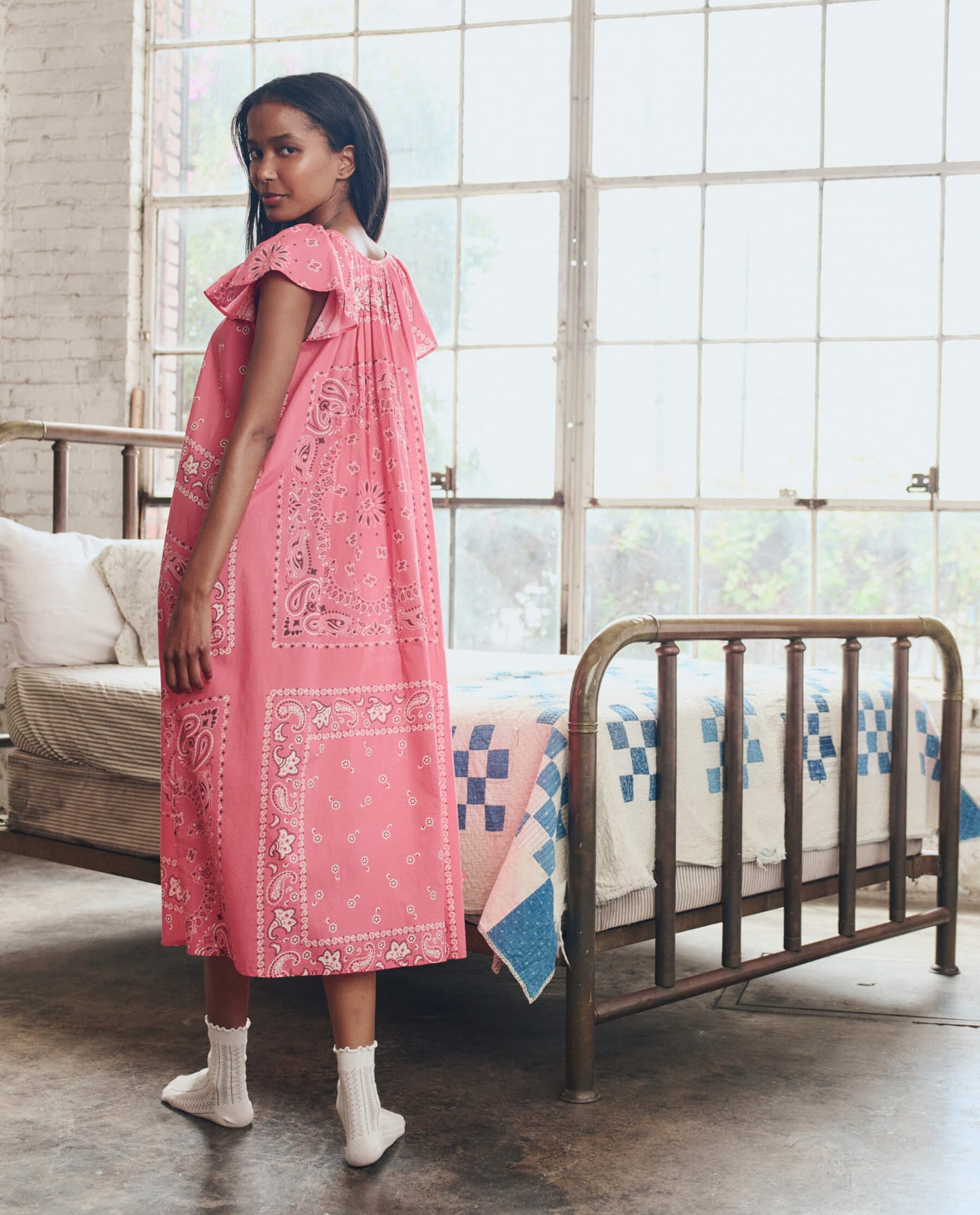 The Flutter Sleeve Sleep Dress. -- Pink Bandana Patchwork